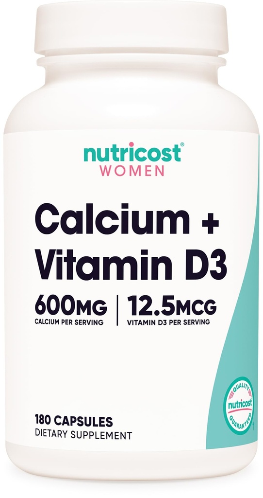 Nutricost vápník (600mg) + vitamin D3 (12.5mcg) pro ženy, 180 Kapsle - Vegan, Non- GMO, gluten zdarma - 60 Služebnictví