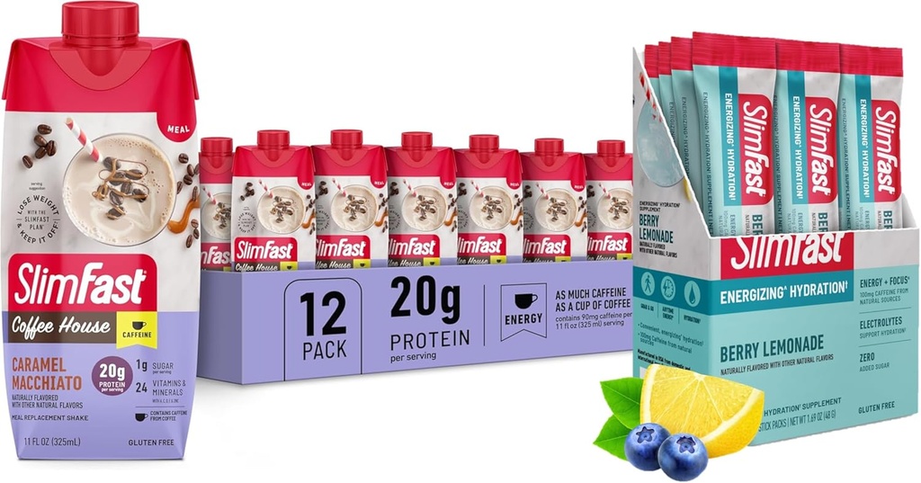 SlimFast Bundle: Intermitent Fasting Electrolytes, Energy Powder Drink Mix, Kofein z přírodních sources- Berry Lemonade (12 Počet) + High Protein Meal Replacement Shake, Karamel Macchiato, 12 Pack