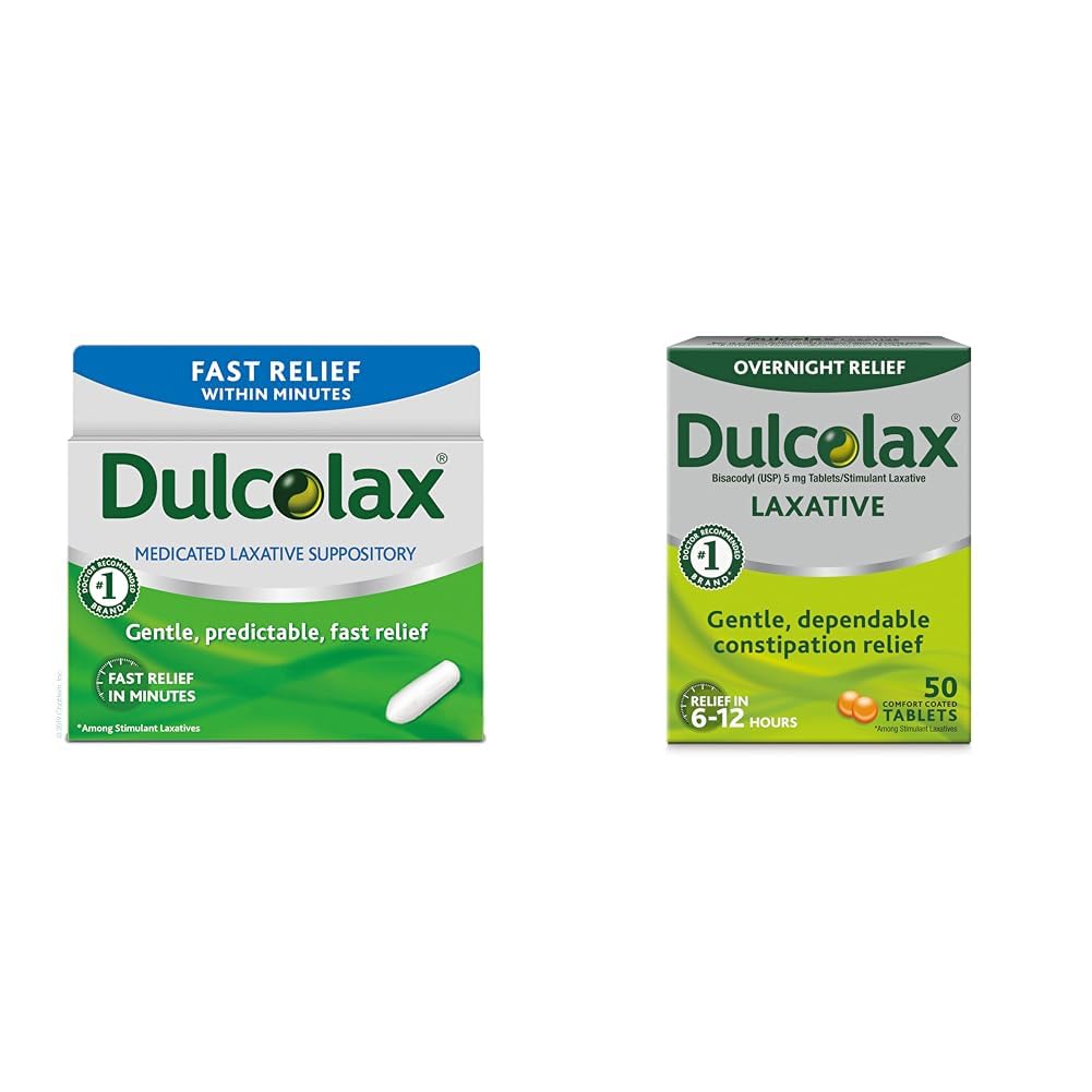 Dulcolax Fast Relief Medicated Laxative Suppositors Fast Relief, Rectal Use Only, Bisacodyl, 10 mg & Overnight Relief Laxative for Gentle Constolly Relief, Bisacodyl 5 mg tablety, 50 Počet