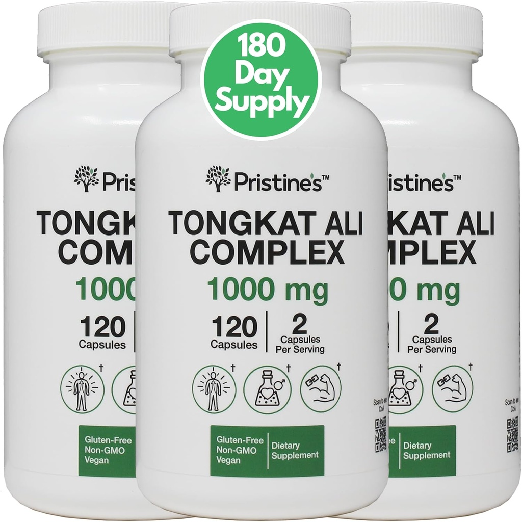 PRISTINE Tongkat Ali 1000MG Extract Capsule Supplement (3-Pack) -30 Day Supply - Atletická podpora výkonu - Mens zdraví & Lean Muscle Mass - Podpora imunity