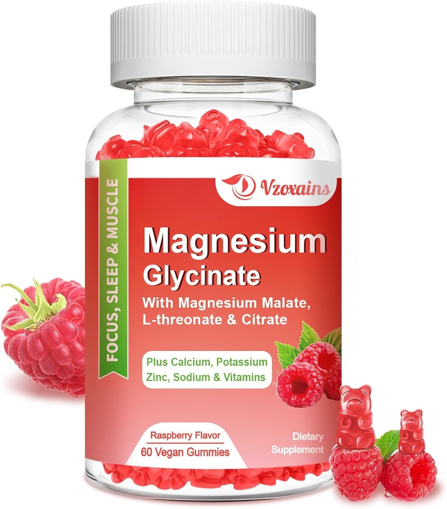 Glycinátové gumy Magnesium 600 mg, Gumovité gumy pro dospělé a děti, Podpora relaxace a svalů, 60 Malinové ochucené gumy