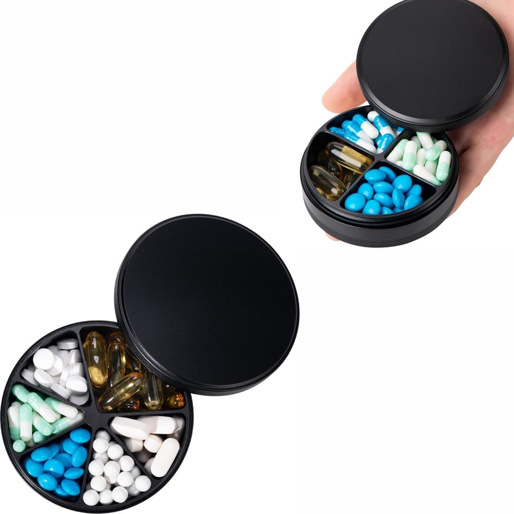 6 Compartment Pill Organizer & 4 Compartment Pill Box - Vodotěsný Metal Pill Organizátor, Aluminium Alloy Round Daily Medicine Container for Vitamin, Medicine, Dodatek, Rybí olej