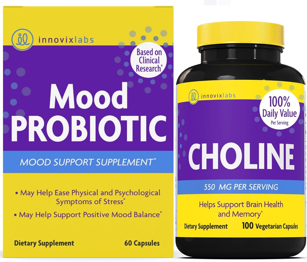 InnovixLabs Cholin & Mood Probiotic Bundle Choline Bitartrate 550mg (100 tobolek) Mood Probiotic (60 tobolek). Podporuje paměť, nálada, zdraví mozku a posílení vědomí. *