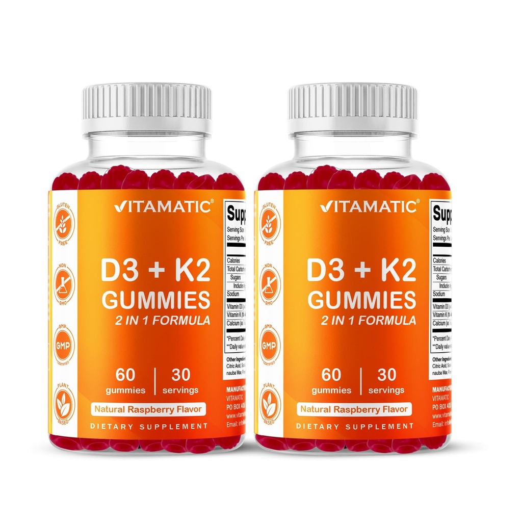 Vitamatický vitamin D3 & K2 Gummie (2- Pack, 60 Počet) Podporuje zdravé kosti, srdce zdraví, absorpce vápníku, a imunitní funkce Plant- based, Non- GMO, gluten- bez