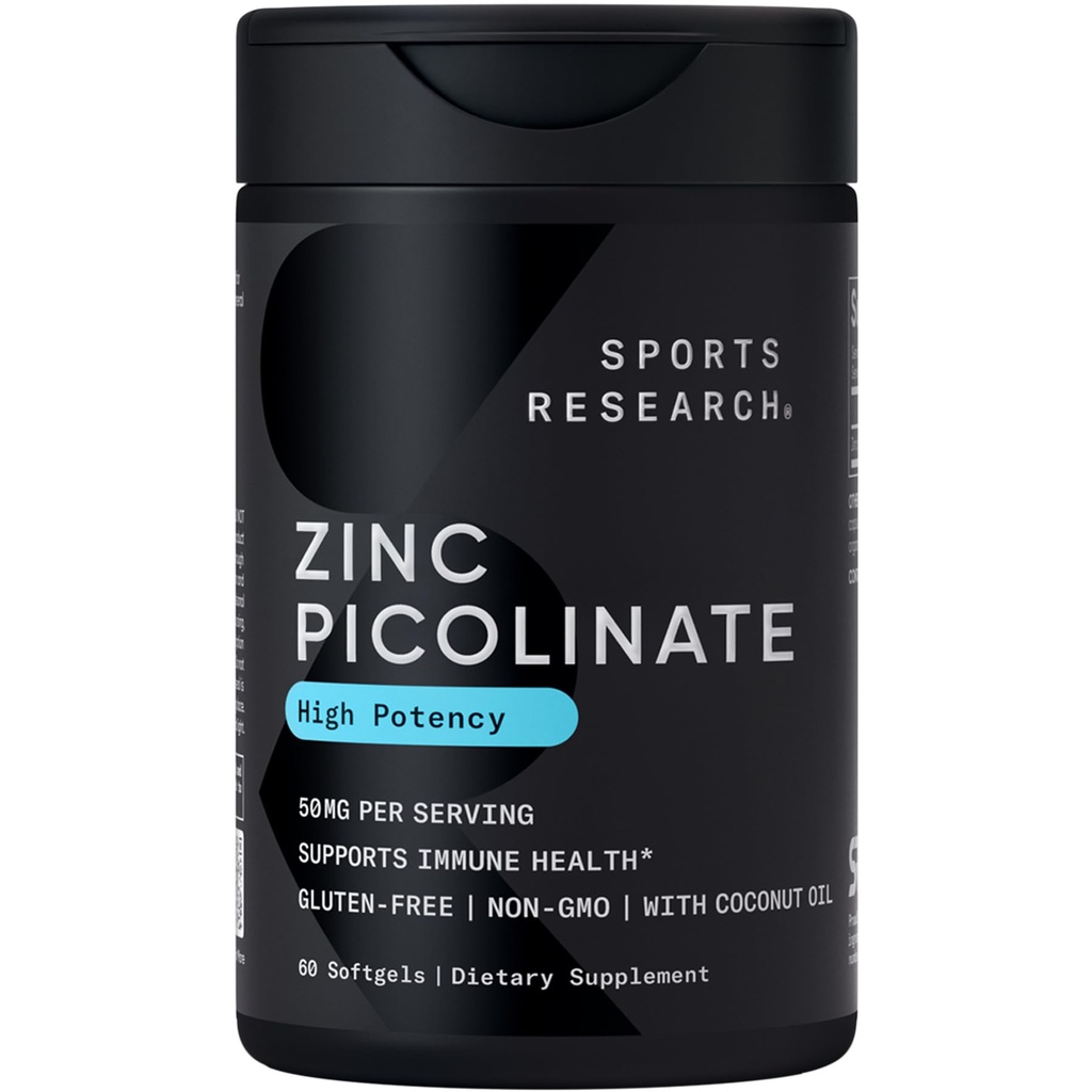 Sports Research Zinc Picolinát 50 mg s organickým kokosovým olejem 124; Vysoce absorbovatelný doplněk zinku pro zdravou imunitní funkci - Non- GMO ověřené, gluten & Soy zdarma (60 Tekuté ponožky)