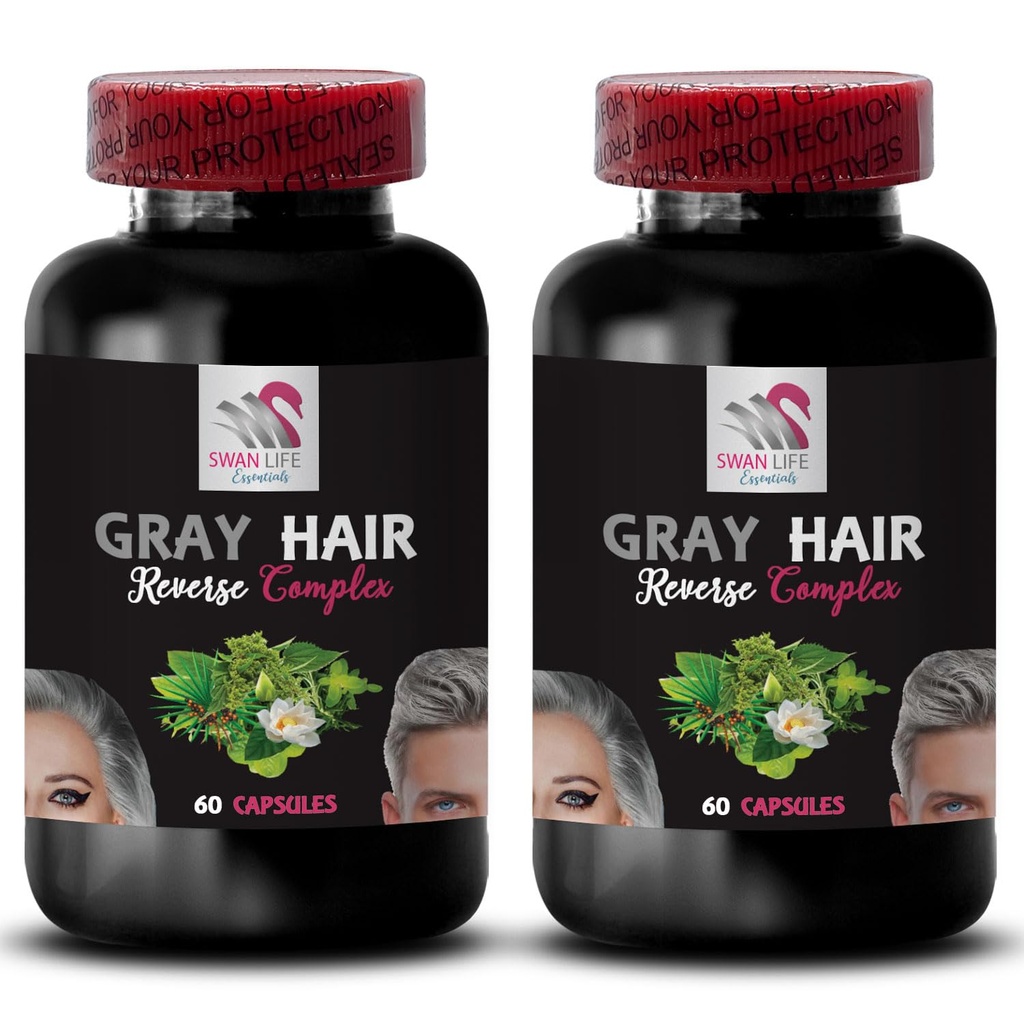 Rekonstrukce vlasů - GRAY HAIR REVERSE - Osvětlení vlasů, Obnovení vibrancy, Řešení péče o vlasy, Obnovit barvu vlasů, Obnovení barvy vlasů, Barva restaurování, Tón vlasů, Age- vzpírá vlasy, Vibrující barva vlasů 2 Lahve 120 Caps