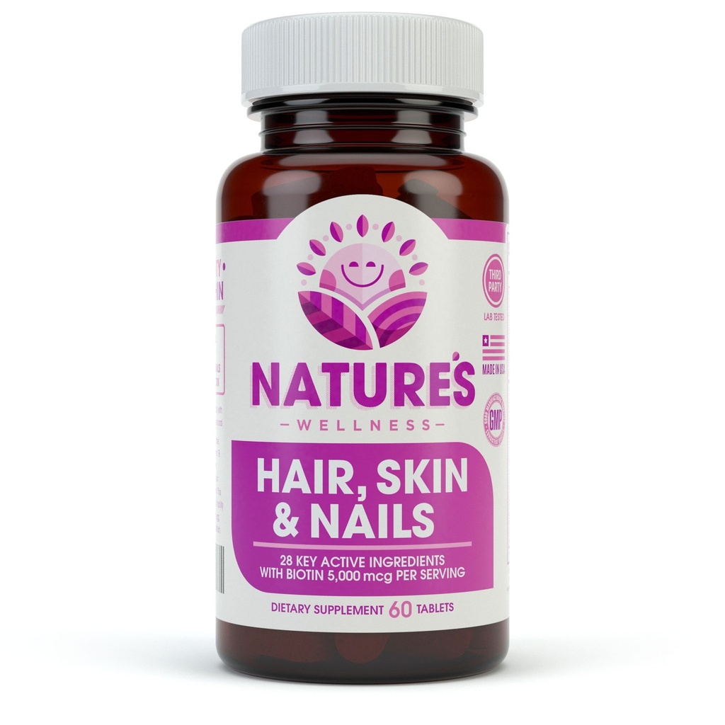 Natures Wellness vlasy, kůže a nehty Essential Nurishing dodatek, 60- Počet 124; 4000mcg Biotin + vitaminy A, C a E, B Komplexní vitamíny, a pokročilé výživy na kapsli 124; 100% All- Natural