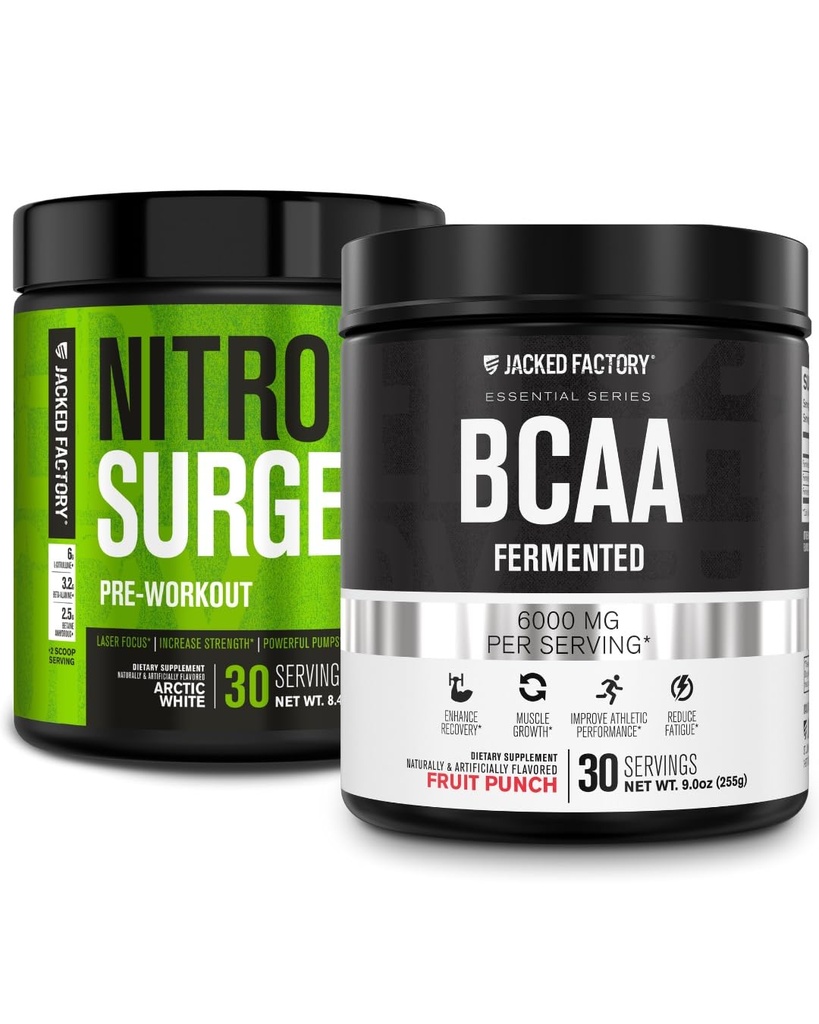 Jacked Factory Nitroflusion Pre- cvičení v Arctic White & BCAA v ovocném punči pro budování a obnovu svalů