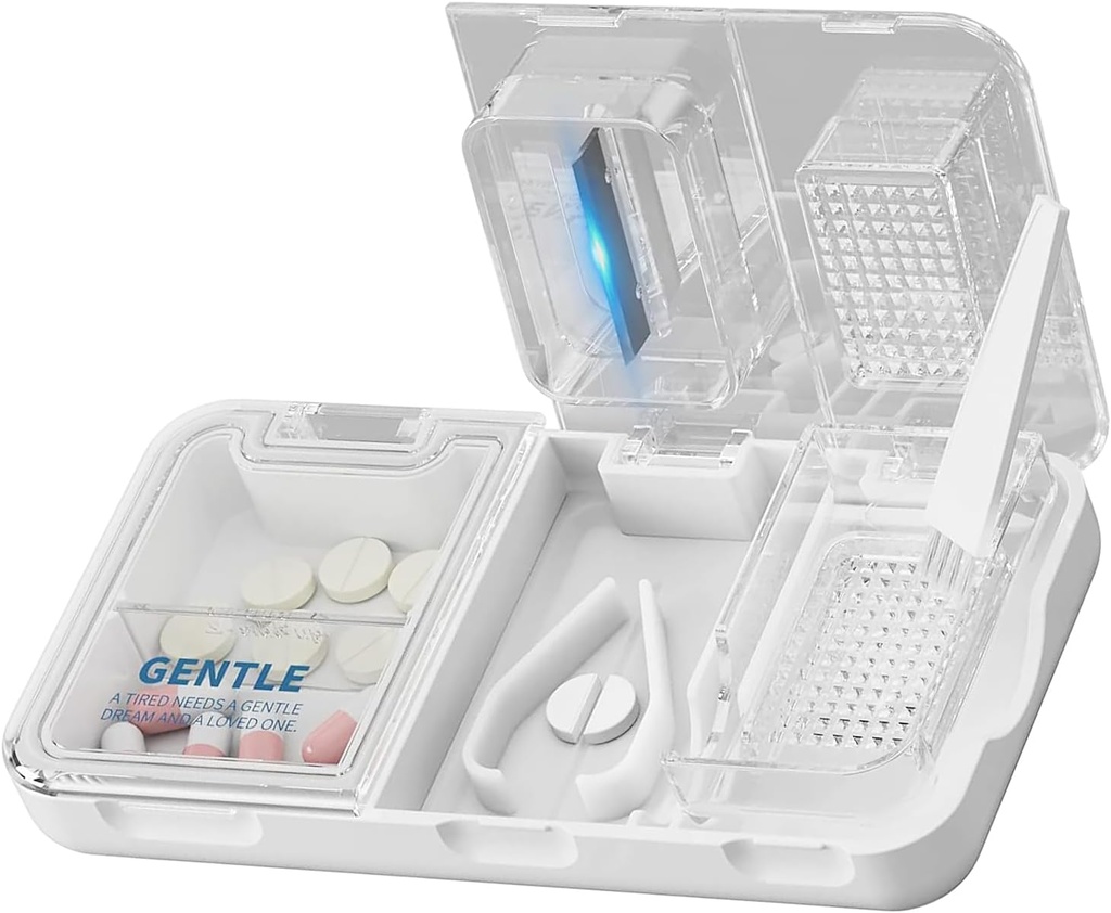 CFMOUR 3in-1 Pill Cutter Splitter pro malé a malé pilulky, Drtič, Grinder pro velké, Denní použití, Bezpečně řezané pilulky, Vitamíny, Tablety, Přesné a snadné řezání, Cestování Sized, Bílé