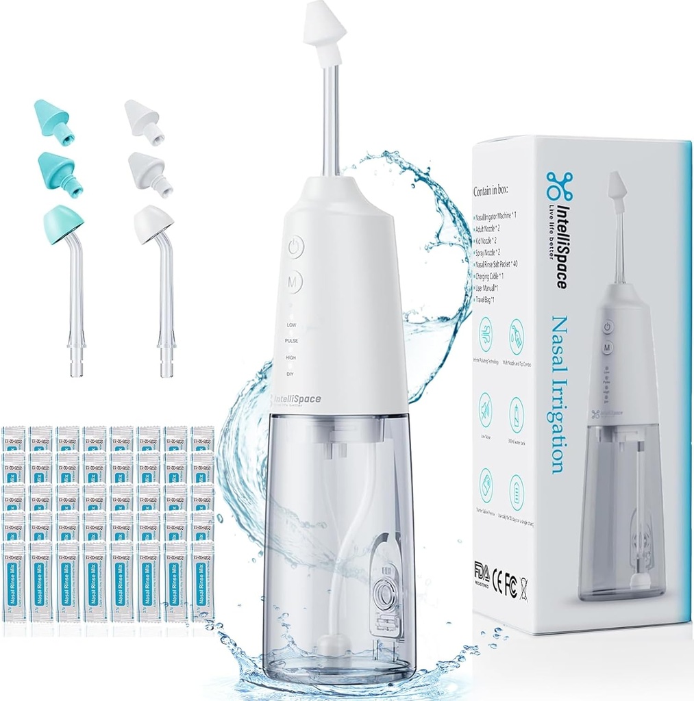 Nazální zavlažovací systém Přenosný bezkordový Nosní Rinse stroj pro Sinusovou alergii Relief Nasal Care - Elektrická Neti Pot pro Nasal zavlažování - Sinus Rinse Kit s 6 tryskami 40 Salt Packs