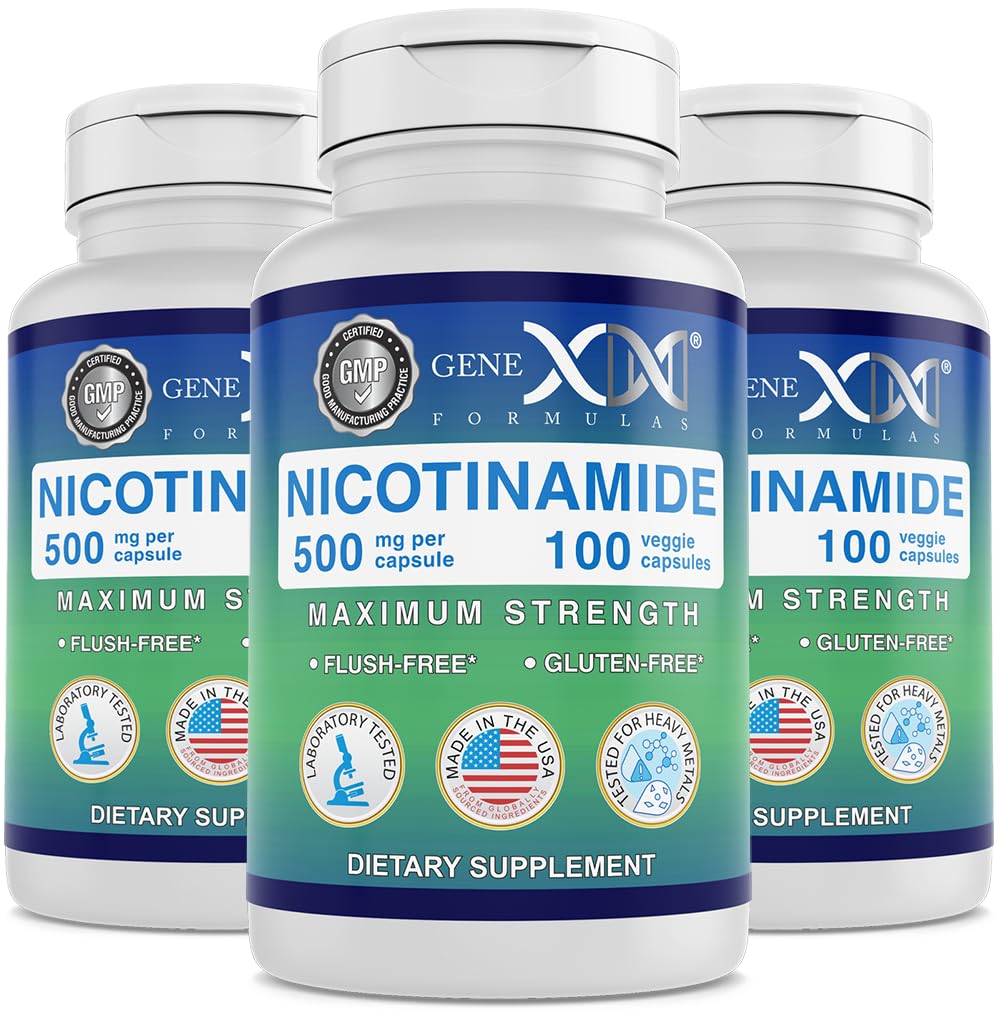 Genex Dispersas Nikotinamid 500mg (3- Pack) Vitamin B3 Flush Free Niacin Kapsle pro zdravou pleť - Niacinamid Supplemente Pills help Produce Keratin & Support Skin Cell Health & Energy (300 Kapsle)