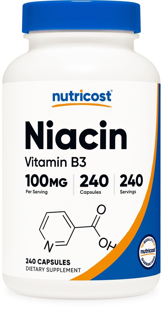 Nutricost Niacin (vitamin B3) 100mg, 240 tobolek - s Flushing, Non- GMO, bez glutenu
