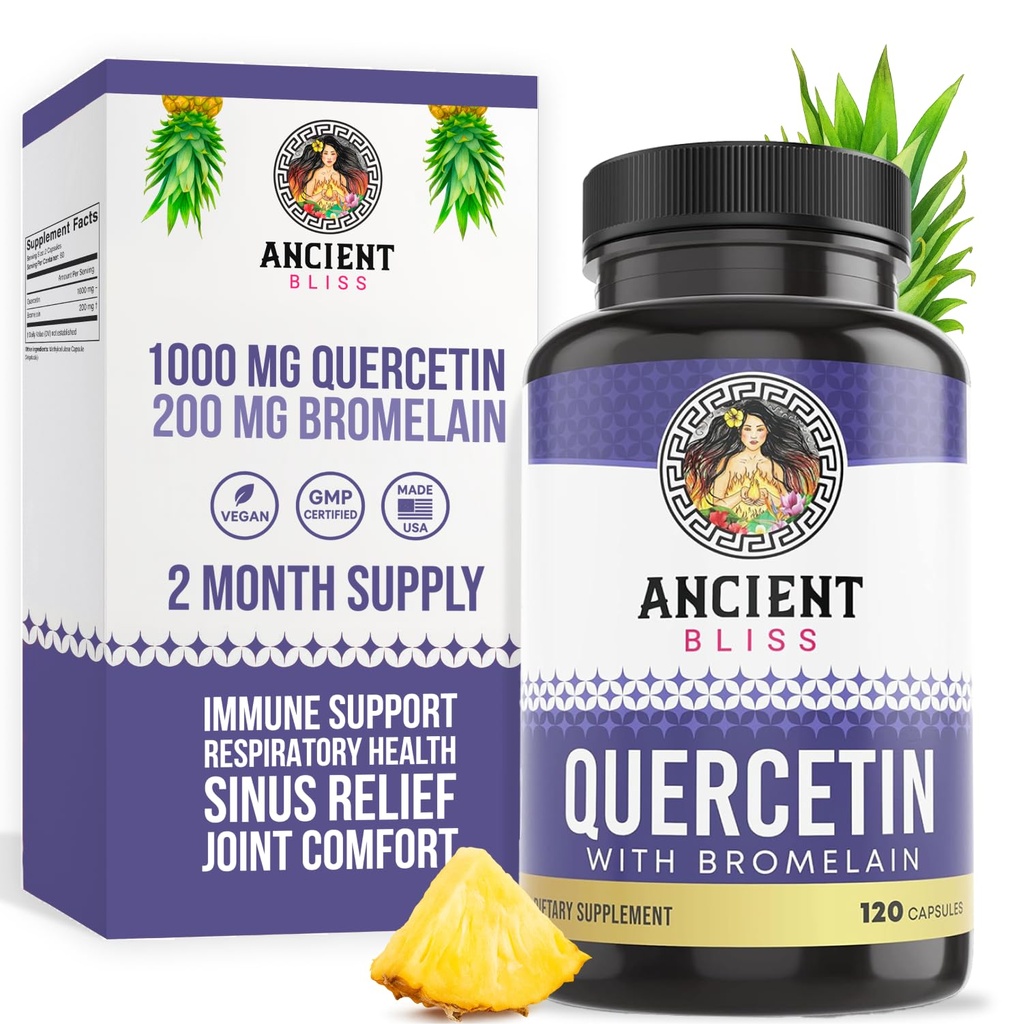 Ancient Bliss Quercetin s Bromelain curren124; Quercetin 1000mg Bromelain 200mg per Serving current124; Podporuje imunitní systém, společné zdraví, Respirační zdraví a celkové well- Being - 120 Kapsle