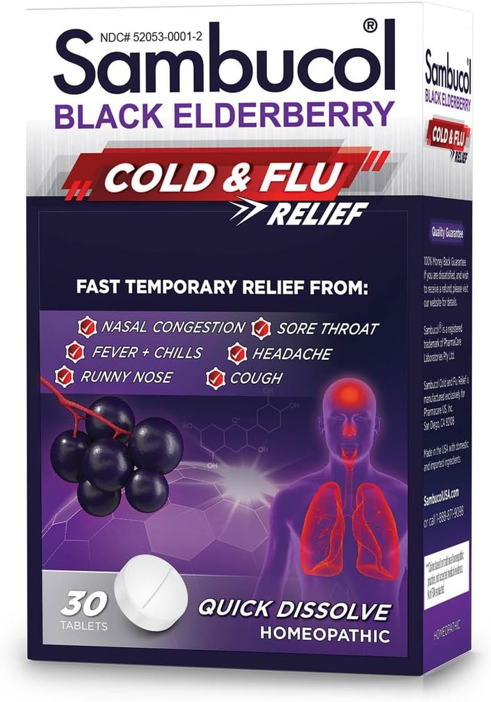 Sambucol Cold and Flu Relief Tablety - Homeopatická studená medicína, Cold Remedy pro dospělé, Black Elderberry pro nachlazení, Zinek Cold Remedy - 30 Počet