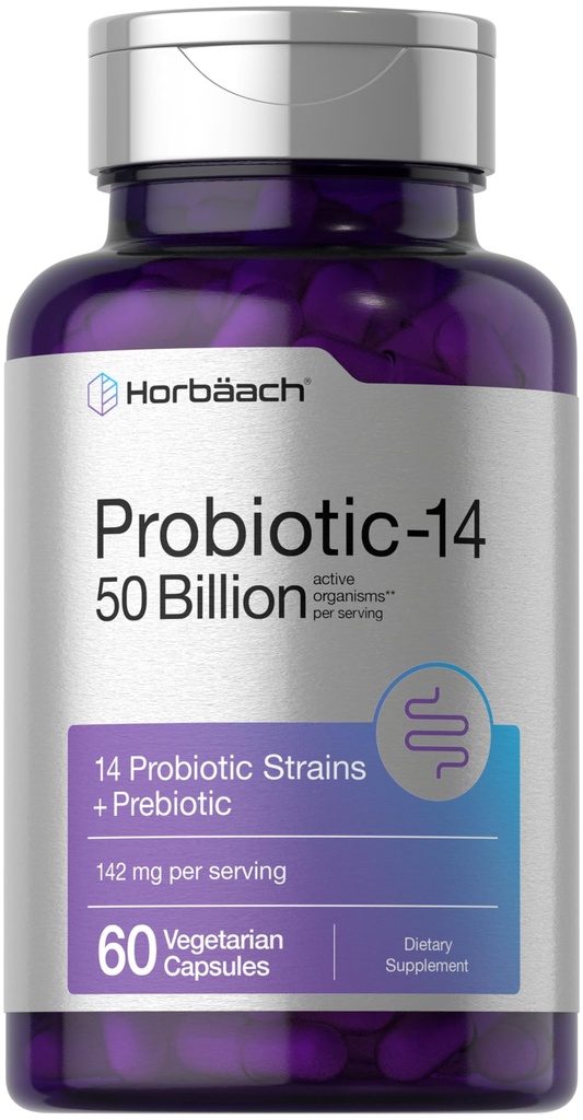 Horbaach Probiotika pro ženy a muže 124; 60 Kapsle 124; 14 Probiotické proužky s prebiotický 124; 50 Billion Aktivní Organizmus 124; Non- GMO & Gluten Volný dodatek