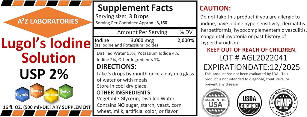 A2Z Organic Lugol 's jód and Draslík Iodide 2% Solution 3000 mcg - Liquid Supplement Kapky pro podporu štítné žlázy pro ženy a muže, Metabolismus zdraví, Detox Boost -16 Fl Oz / USA / Lodě dnes! (2 PK)