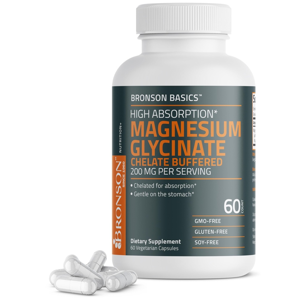 Bronson Magnesium Glycinát 200mg High Absorption Chelated Buffered Gentle On The Stomach Non- GMO, 60 Vegetariánských kapslí