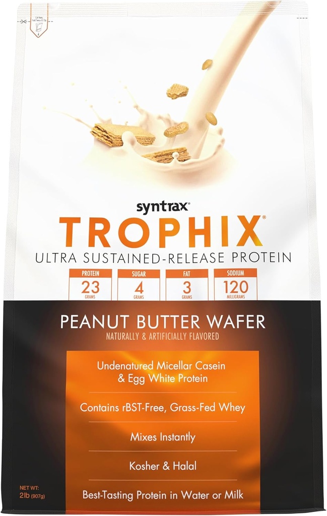 Syntrax Nutrition Trophix, Ultra Sustainate-Release Protein Powder Blend, Burákové máslo Wafer 2 lbs, Real Wafer Kousky
