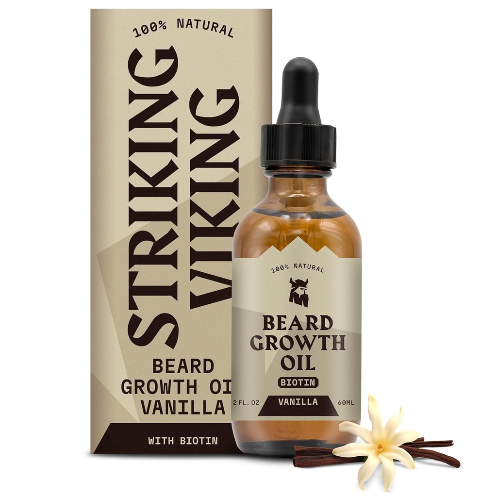 Striking Viking Beard Růstový olej s Biotin - 2 Fl Oz, Vanilla - Thickening, Conditioning Biotin Beard Oil Serum pro muže s Argan & Jojoba - Facial Hair Growth Serum pro muže