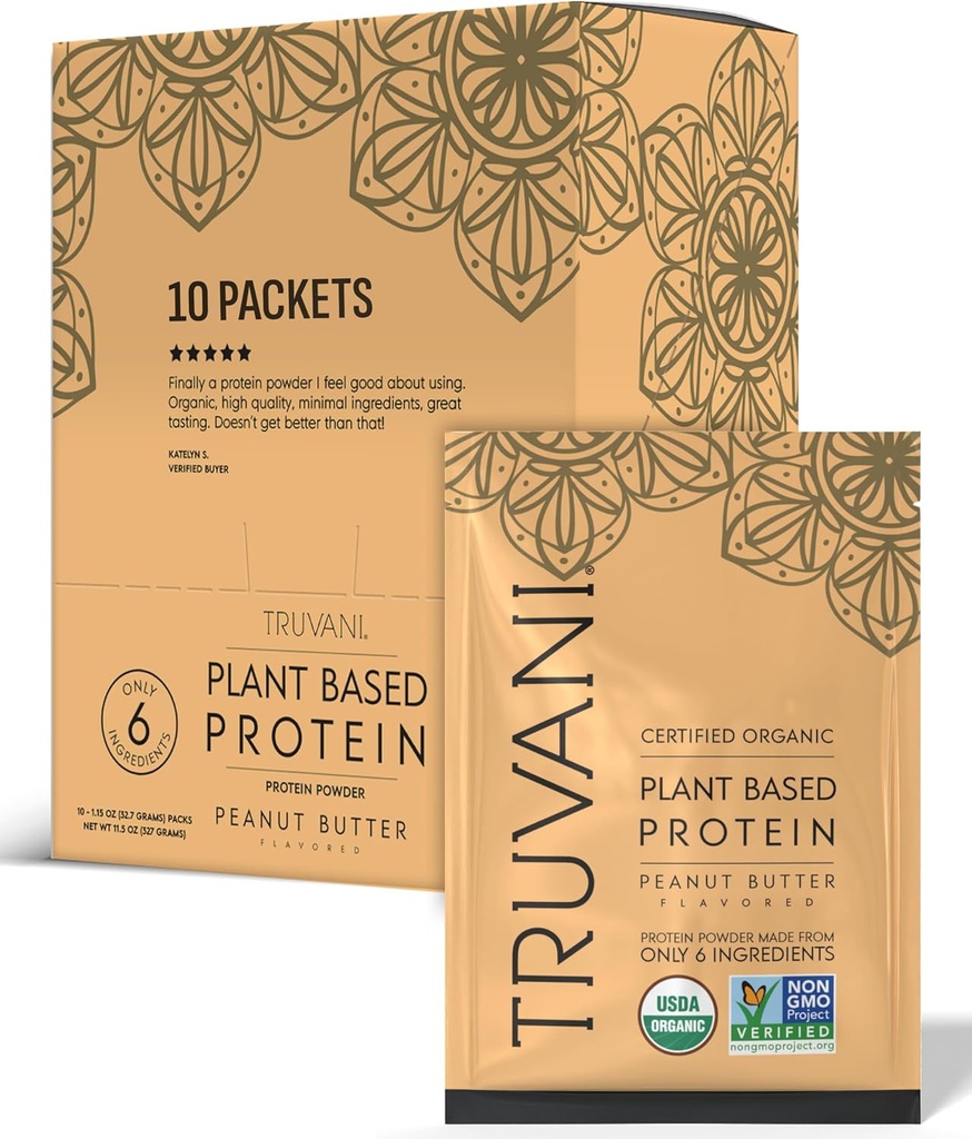 Truvani Vegan Pea Protein Powder 124; Peanut Butter 124; 20g Organic Plant Based Protein 124; Single Serving Travel Packets 124; 10 Servings Sw124; Keto Sw124; Gluten & Dairy Free Sw124; Low Carb Sw124; No Add Sugar