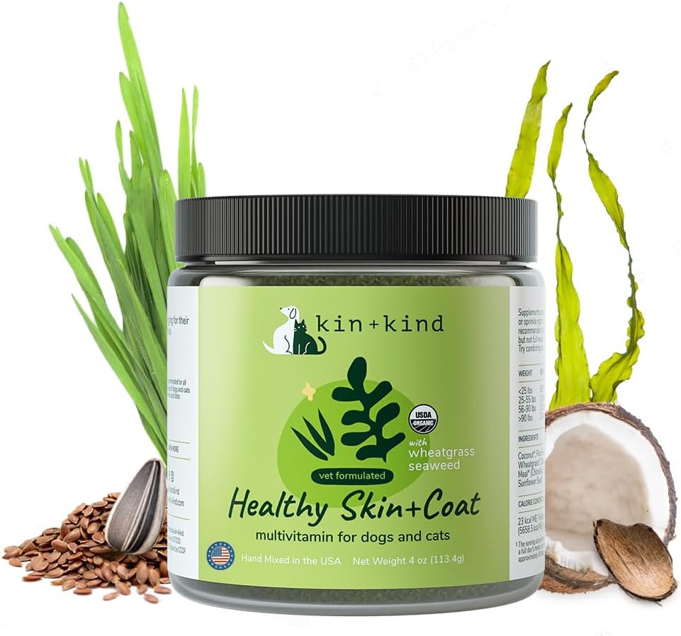 kin + druh Organic Multivitamin pro psy a kočky - Pet dodatek pro zdravou pleť a kabát - bezpečné, přírodní vzorec s Wheatgrass, Kelp, Seaweed a kokos - Made in USA - 4 oz (střední)