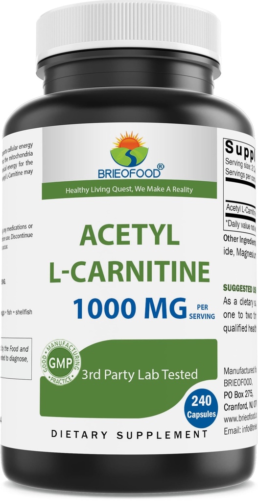Brieofood Acetyl L- karnitin 1000 mg per serv- 240 tobolek. Gluten- Free, Non- GMO.