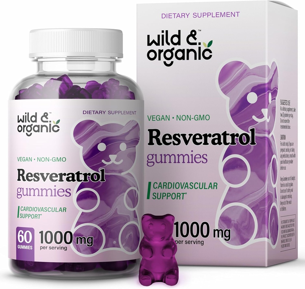 Wild & Organic Resveratrol Gummies 1000mg - Trans Resveratrol dodatek pro antioxidant, mozek, imunitní podpora - 60 Vegan, Non- GMO Antioxidant Gummies