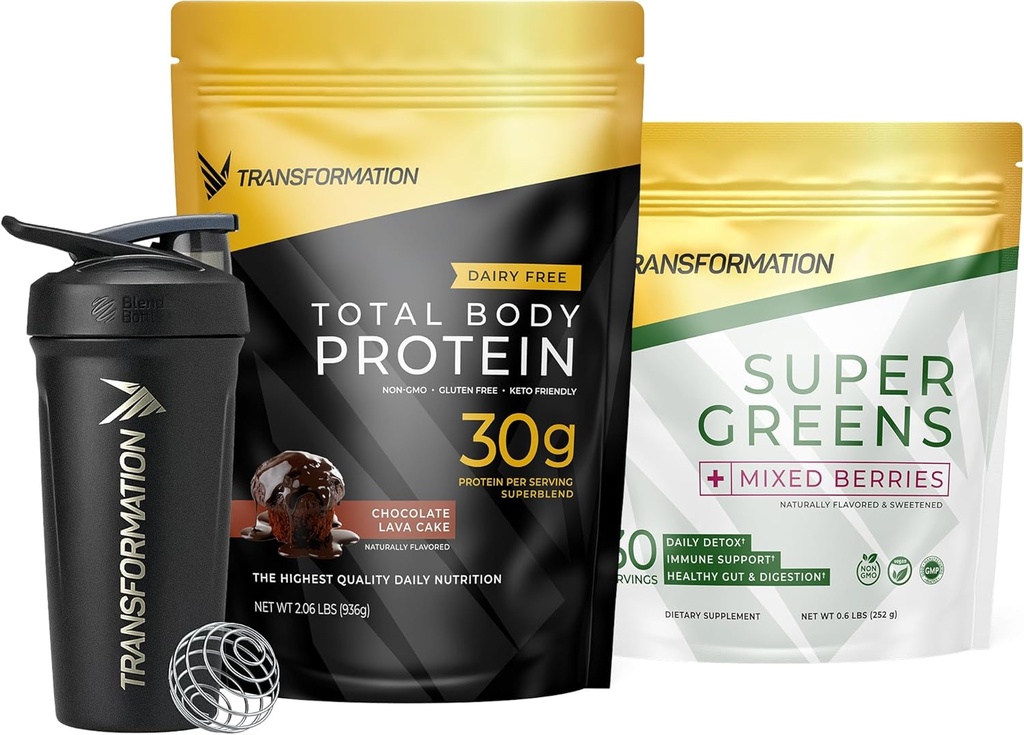 Transformace Chocolate Protein Powder, Super Green Superfood Green Juice Powder and Performance Izolated Shaker Bottle
