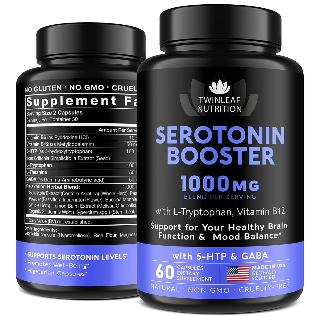 Natural Serotoninový dodatek - Vyrobeno v USA 5HTP Serotonin & Cortisol Manager - Serotonin Booster Vitamin dodatek pro ženy s 5-HTP, Vitamin B6, B12, GABA, L Theanine, L Triptofan - 60 kapslí