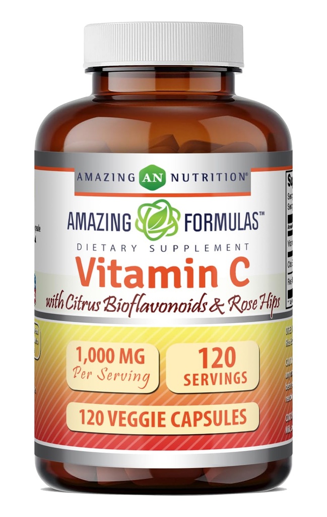 Úžasné vitamíny C (Ascorbic Acid) 1000 Mg s Rose HIPS & Citrus Bioflavonoids CLAS124; Veggie Kapsle dodatek CLAS124; Non- GMO CLAS124; Gluten Free CLAS124; Made in USA (120 Počet)