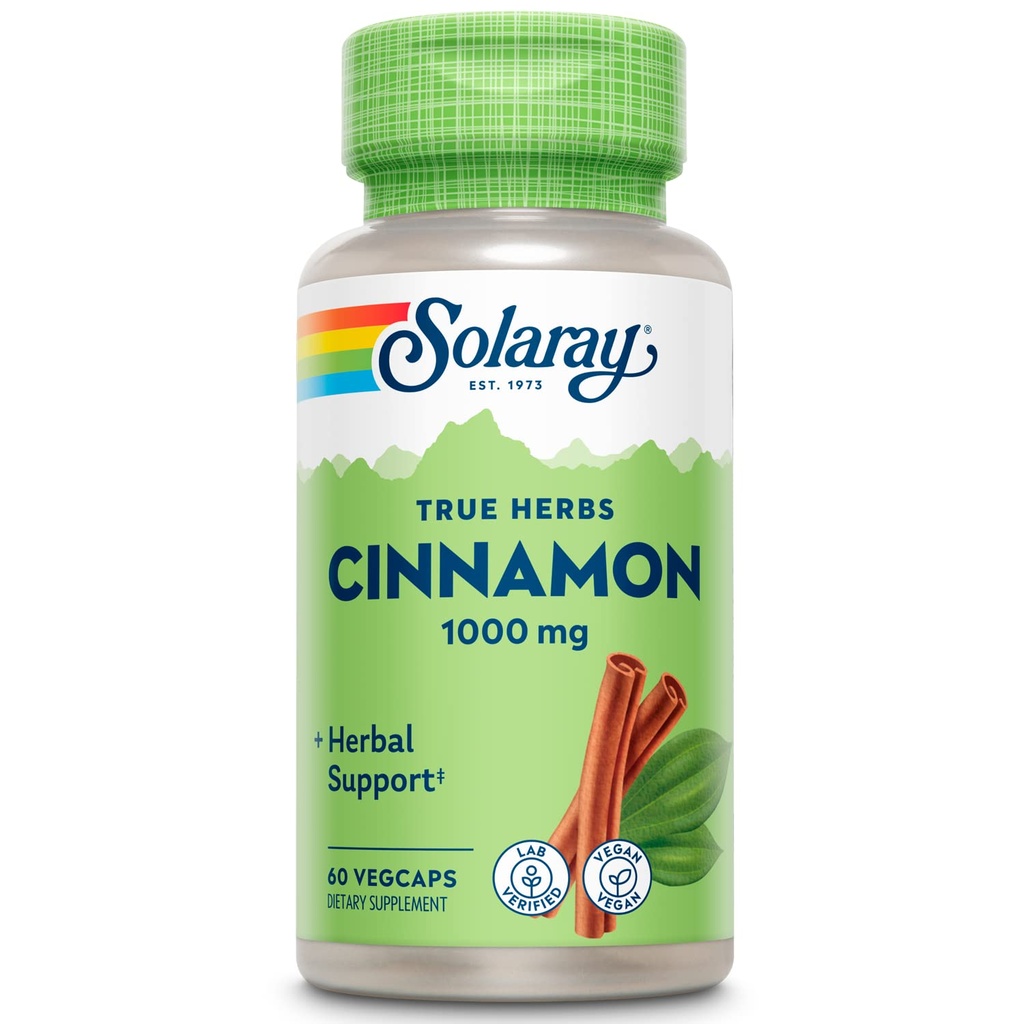 SOLARAY Pravé Byliny Skořice Kůra 1000mg - Příslušenství pozemní Skořice - Bylinná podpora pro celkové Wellness - Non- GMO Projekt ověřen - Veganské kapsle, 60- denní záruka - 30 Servings, 60 VegCaps