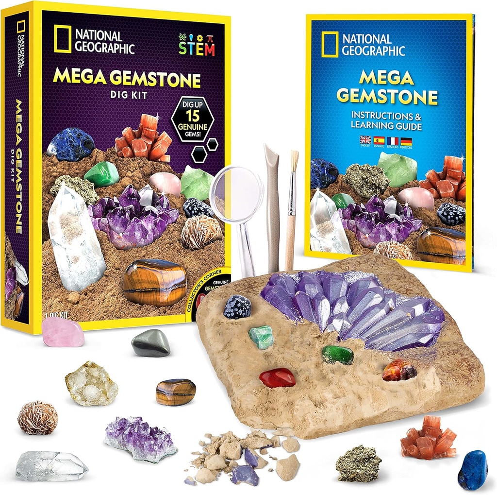 Národní geographic Mega Gemstone Dig Kit - Dig Up 15 Real Gemstones and Crystals, Science Kit for Kids, Gem Digging Kit, Gift for Girls and Boys, Mining Kit, Rock Collection