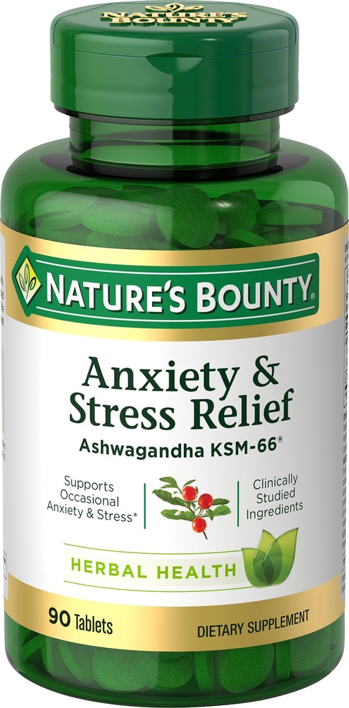 Nature 's Bounty Stress Relief, Ashwagandha KSM-66, Podporuje příležitostné Stress Relief, Dietní dodatek, 2 tablety denně, Vegetariánské tablety, gluten zdarma, 90 Ct