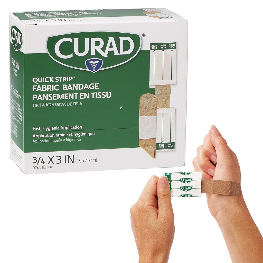 CURAD Quick Strip Fabric Adhesive Sterilní Obvazy s rychlou aplikací, 3 / 4 "x 3", Box of 100
