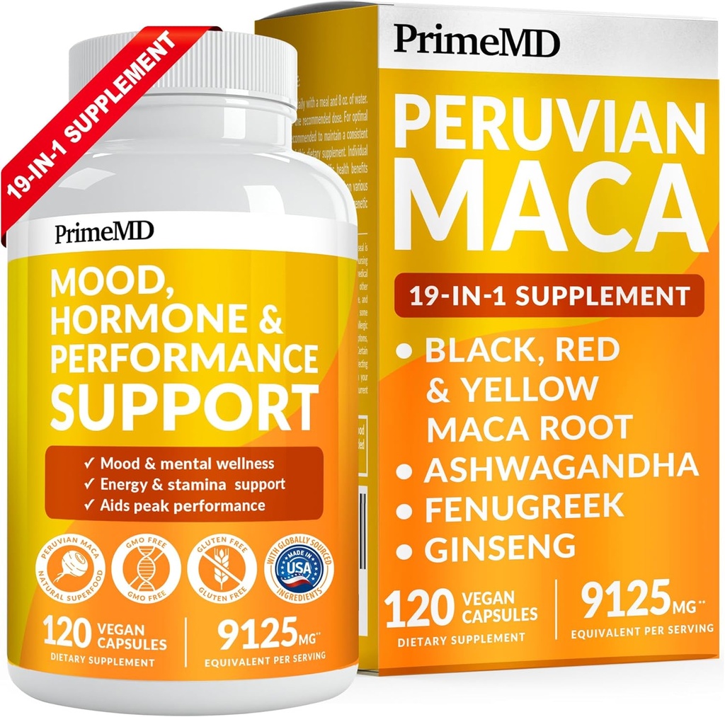 PrimeMD 19- in-1 Peruánské Maca kořenové kapsle - 9125 mg Ashwagandha Doplňky s Maca Fenugreek a ženšen pro Mood, Hormon & Performance Support (120 Kapsle)