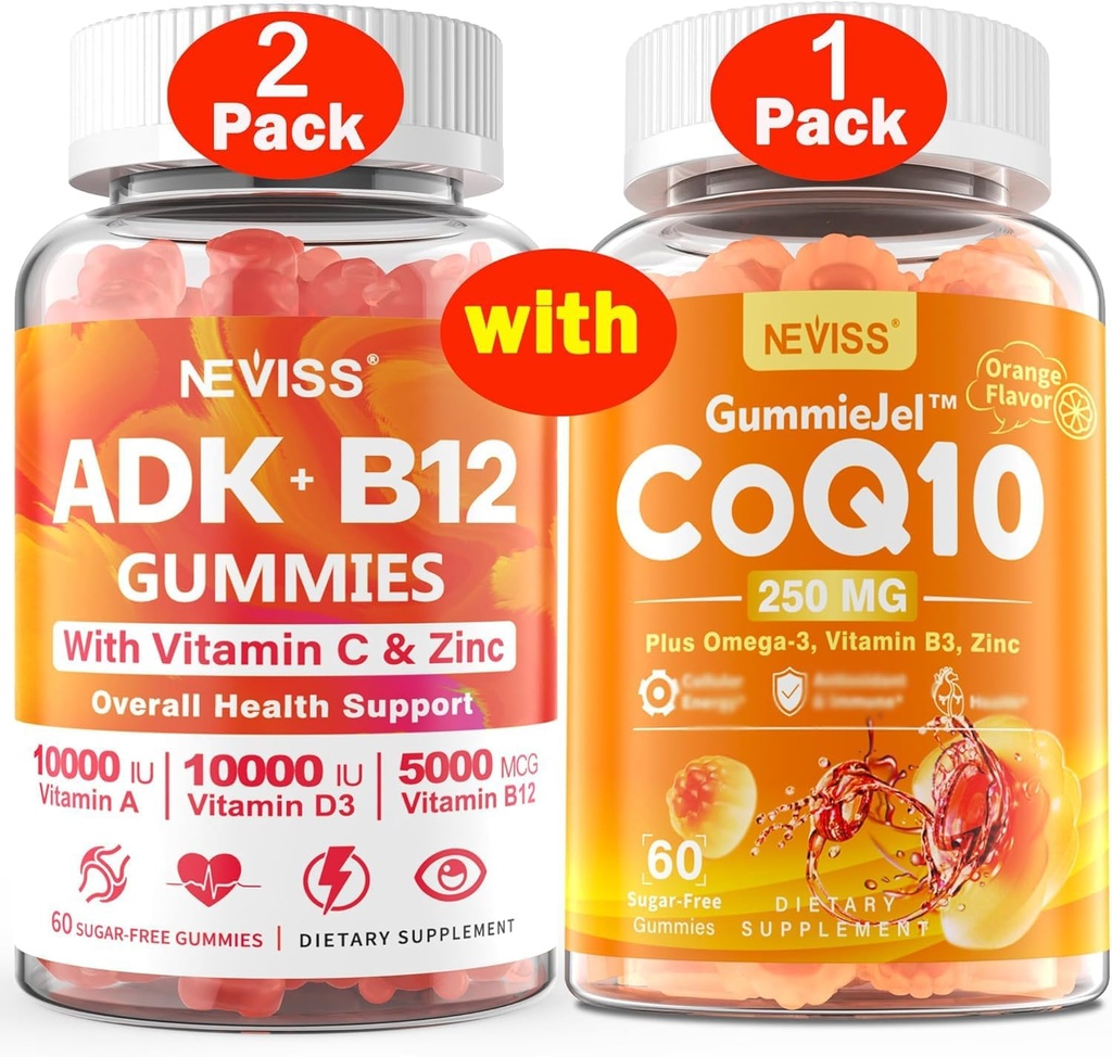 NEVISS 2Pack vitamin ADK s B12 gumové + 1Pack CoQ10- 250mg plněné gumové