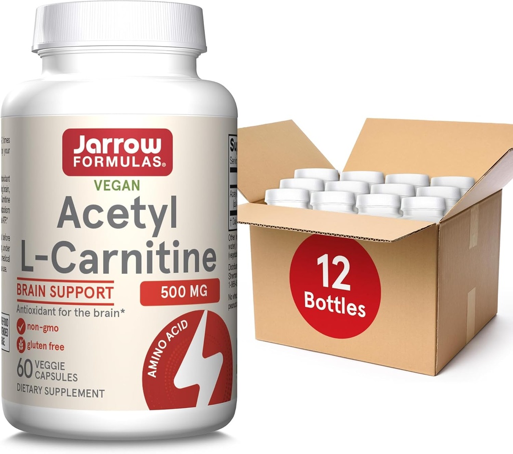 Jarrow Diplomas Acetyl L- Carnitin 500 mg, dodatek stravy, Aminová kyselina Podpora pro zdraví mozku a antioxidanty, 60 Veggie Kapsle, 60 denní zásoba (balení 12)
