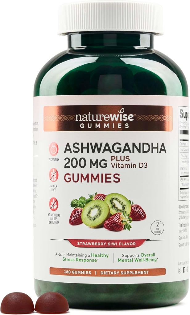 NatureWise Ashwagandha Gummies - Strawberry Kiwi - KSM-66 s vitamínem D3 - Calming Mood Support - Vegetarian - Non- GMO, želatina a gluten Free - 180 Počet [3- Month Supply]