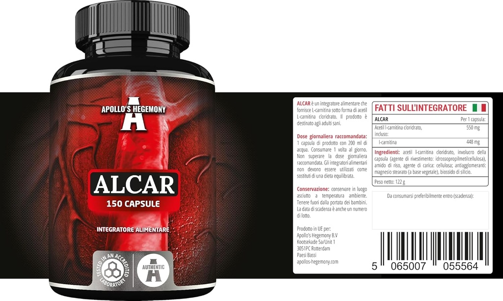 APOLLO 'S HEGEMONY Acetyl L- karnitin HCL 550 mg, ALCAR 150 Vegan Kapsle, 5 měsíců Dodávka, vysoká síla Amino kyseliny dodatek, podporuje kognitivní funkce a energetické hladiny
