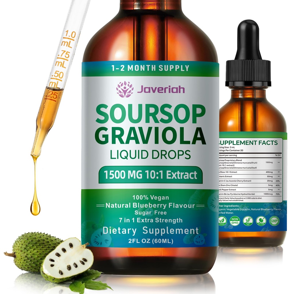 Soursop Graviola Liquid Drops Dodatek s Mořský Moss Extract, Soursop Bitters Liquid pro buněčnou podporu a regeneraci, imunita, játra, antioxidant, Graviola listy Extract 2 měsíce Dodávka 60ML