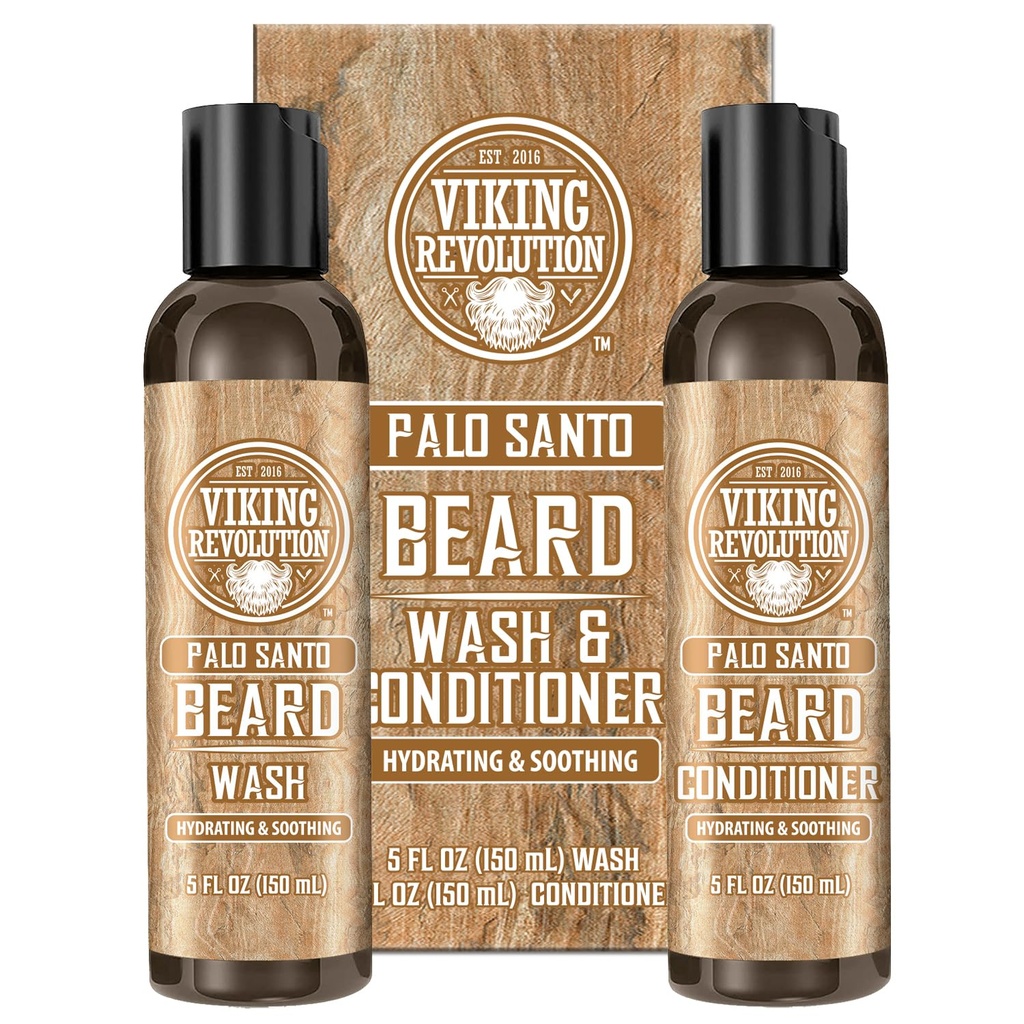 Viking Revolution Beard Wash and Beard Conditioner for Men with Argan Oil and Jojoba Oil - Beard Softtener and Posilovač Beard Care Shampool and Conditioner with Ginseng Root (5oz, Palo Santo)