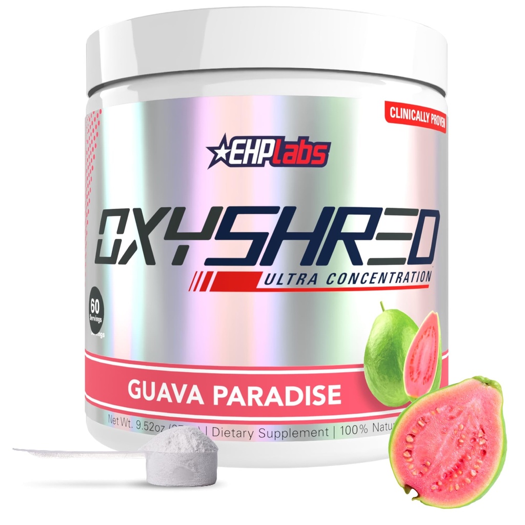 EHP Labs OxyShred Pre Workout Powder & Trhací dodatek - Předcvičení Prášek s L Glutamine & Acetyl L Carnitin, Energy Boost Drink - Guava Paradise, 60 Služeb