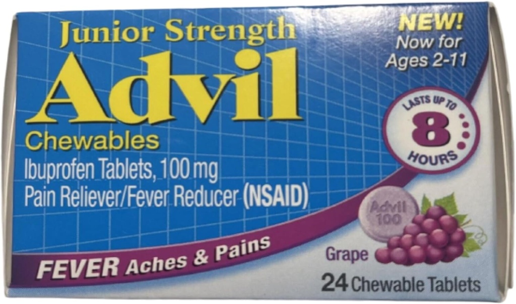 Advil Junior Žvýkací Ibuprofen Tablety, Grape 100mg, 24 Tablety každé (balení po 4)