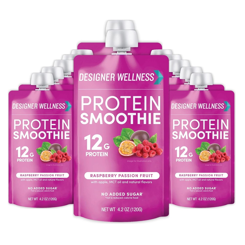 Designer Wellness Protein Smoothie, Real Fruit, 12g Protein, Low Carb, Zero Added Sugar, Gluten- Free, Non- GMO, No umělé barvy nebo aroma, Raspberry Passion Fruit, 12 Count