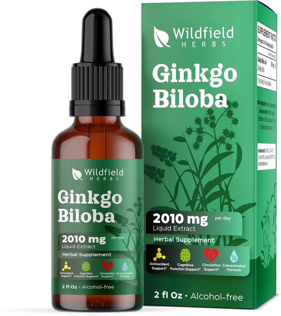 Ginkgo Biloba Extract Drops Liquid 2000mg (Ginkgo biloba L.) Bylinný dodatek Absorbs lepší než Kapsle, 1 měsíc Dodávka, 84 Servings, Alkhol- Free tinktura - 2 Oz, balení po 1