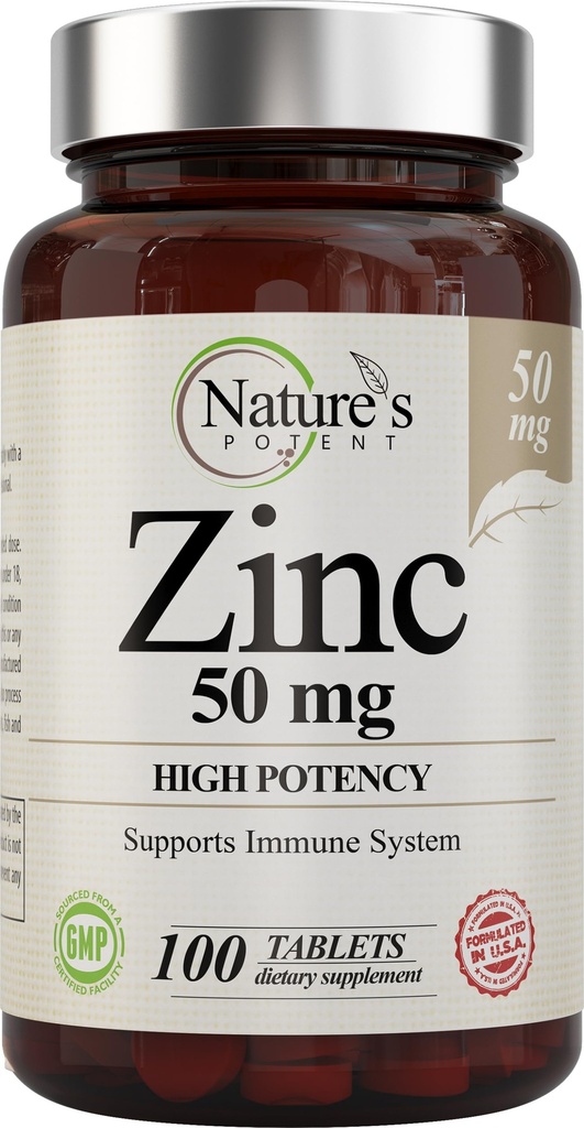 Zinek 50mg [Vysoká potence] Dodatek - imunitní podpůrný systém z přírodního zinku (oxid / Citrát) 100 Tablety, Made by Nature 's Potent.