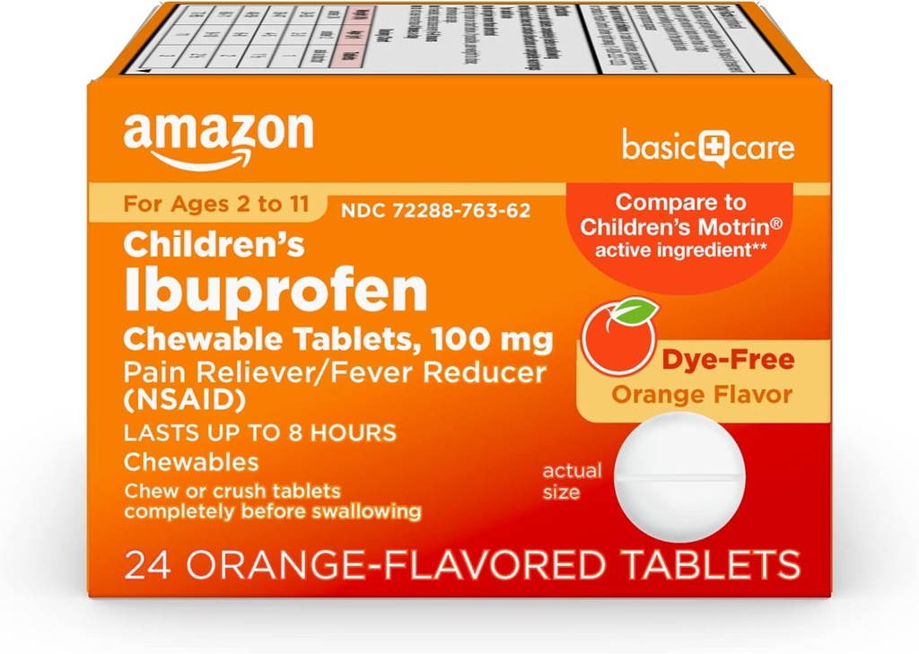 Basic Care Dětské ibuprofen Žvýkací tablety, Pain Reliever a Fever Reducer, Orange Flavor, Věk 2-11, Trvání do 8 hodin, 100 mg, 24 Počet