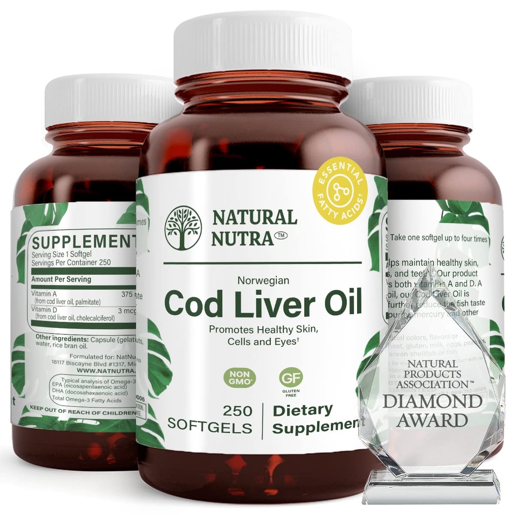 Natural Nutra Norské Cod Játra olej dodatek, Pomáhá udržet pokožku, pomáhá udržovat hustotu těla, Oční zdraví & Nerve funkce, Podporuje zubní zdraví, podporuje kardiovaskulární zdraví, 250 Softgels