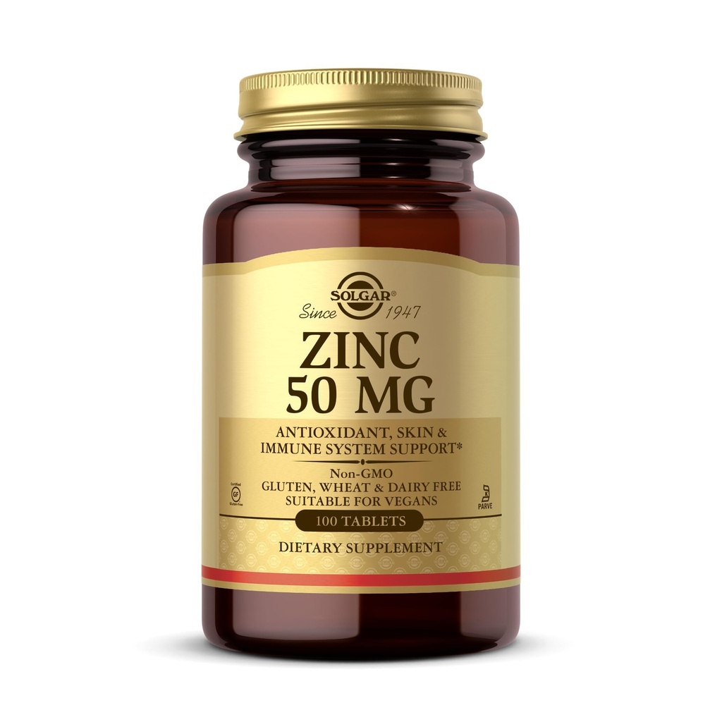 Solgar Zinc 50 mg, 100 tablet - Zink pro zdravou pleť, chuť a vize - Imunitní systém a antioxidační podpora - Podporuje růst buněk a tvorbu DNA - Non GMO, Vegan, gluten zdarma - 100 Služeb