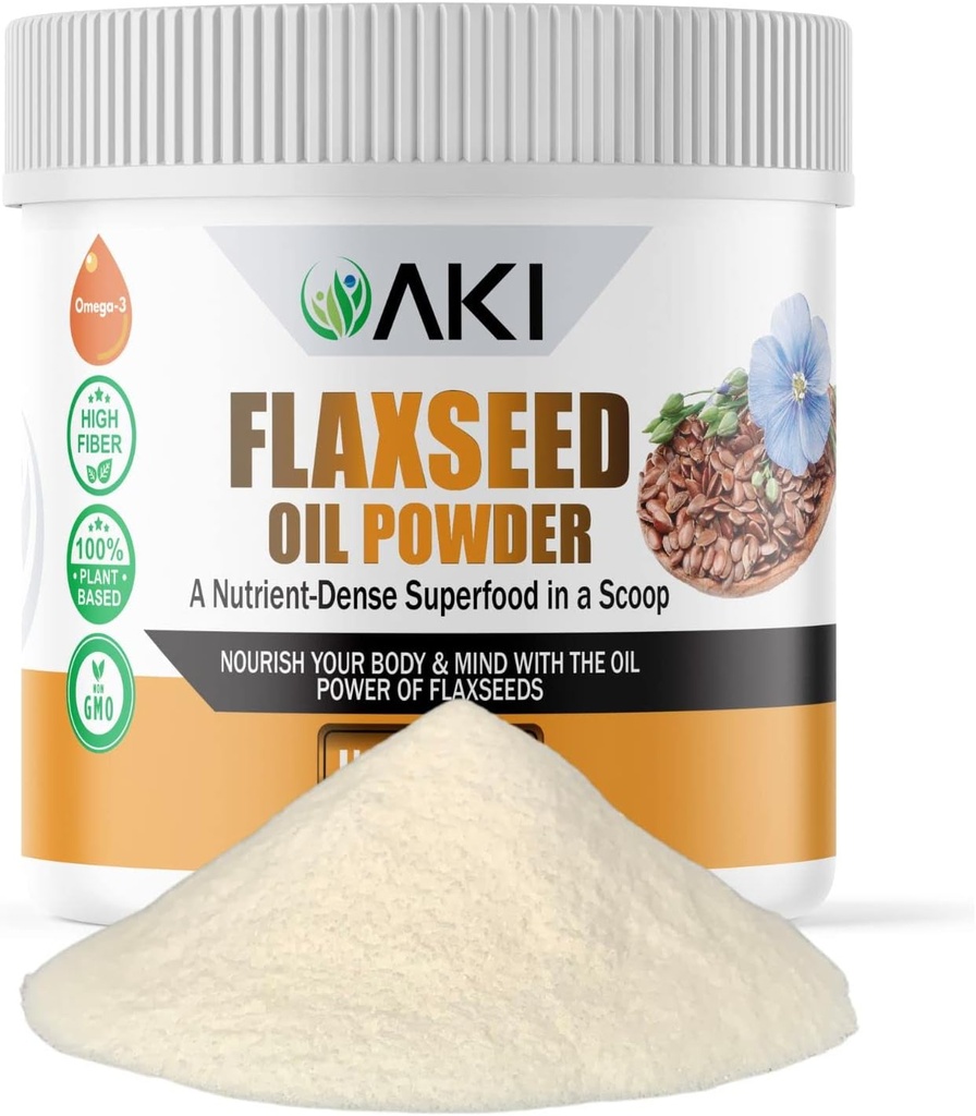 AKI Flaxseed Oil Powder - Baleno esenciálními živinami, jako jsou Omega-3 mastné kyseliny, Vlákna, & Lignans - Bez umělých přísad, Vyrobeno s ideálními kvalitními složkami (5.30oz / 150g)